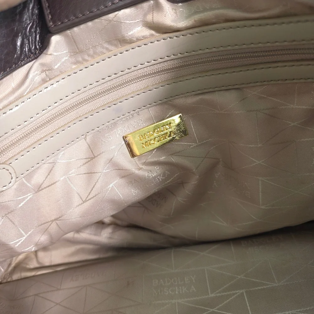 Badgley Mischka‎ Satchel Shoulder Bag Dark Brown Thick Pebbled Leather Gold Logo